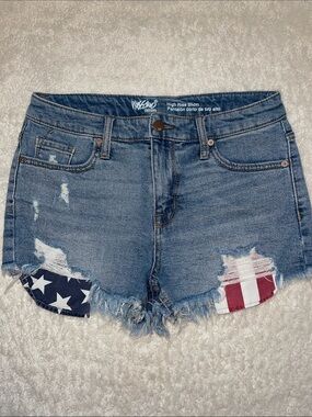High-Rise Distressed Blue Denim Jean Shorts with Flag Insets